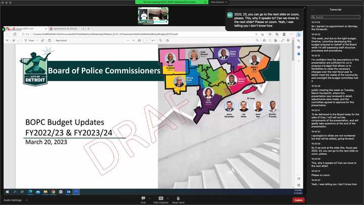 Presentation slide which reads, “Board of Police Commissioners. BOPC Budget Updates. FY2022/23 & FY2023/24. March 20, 2023.” It shows a map of the city districts and the commissioners that represent each district. 