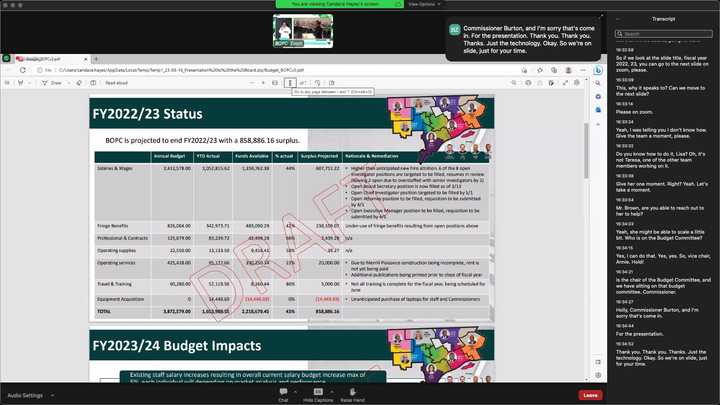 Presentation slide which reads, “FY2022/23 Status. BOPC is projected to end FY2022/23 with a 858,886.16 surplus.” A table is shown with columns titled, “Annual Budget,” “YTD Actual,” “Funds Available,” “% actual,” “Surplus Projected” and “Rationale & Justification.” There is a row named “Total”: 3,872,579.00 for “Annual Budget,” 1,653,908.55 for “YTD Actual,” 2,218,670.45 for “Funds Available,” 43% for “% actual” and 858,886.16 for “Surplus Projected.” 