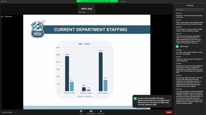 Presentation slide titled “Current Department Staffing.” A blue bar chart titled “Mar 2023” has the following data: 2408 Sworn Positions Filled, 641 Civilian Positions Filled, 266 Sworn Positions Vacant, 131 Civilian Positions Vacant, 2674 Sworn Total Positions, 772 Civilian Positions Vacant. 