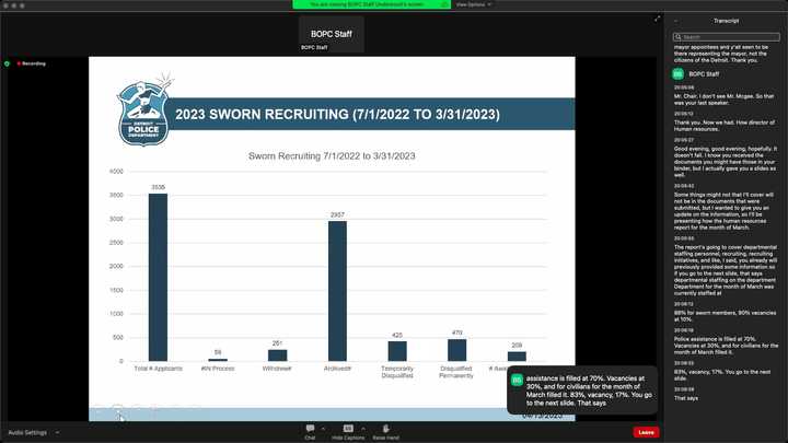 Presentation slide titled “2023 Sworn Recruiting (7/1/2022 to 3/31/2022).” A blue bar chart with the same title has the following data: 3535 Total # Applicants, 59 #IN Process, 251 Withdrew#, 2957 Archived#, 425 Temporarily Disqualified, 470 Disqualified Permanently, 209 #Awaiting Calls.