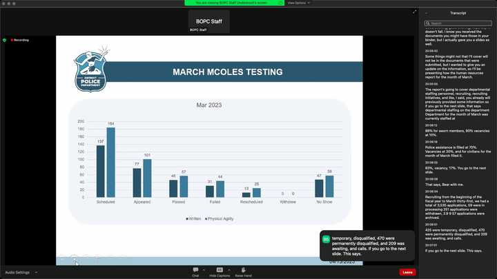 Presentation slide titled “March MCOLES Testing.” A blue bar chart titled “Mar 2023” has the following data: 137 Written Scheduled, 184 Physical Agility Scheduled, 77 Written Appeared, 101 Physical Agility Appeared, 46 Written Passed, 57 Physical Agility Passed, 31 Written Failed, 44 Physical Agility Failed, 13 Written Rescheduled, 25 Physical Agility Rescheduled, 0 Written Withdrew, 0 Physical Agility Withdrew, 47 Written No Show, 58 Physical Agility No Show. 