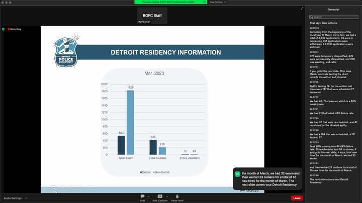 Presentation slide titled “Detroit Residency Information.” A blue bar chart titled “Mar 2023” has the following data: 542 Detroit Total Sworn, 1828 Non-Detroit Total Sworn, 425 Detroit Total Civilians, 216 Non-Detroit Total Civilians, 15 Detroit Police Assistant, 23 Non-Detroit Police Assistant. 