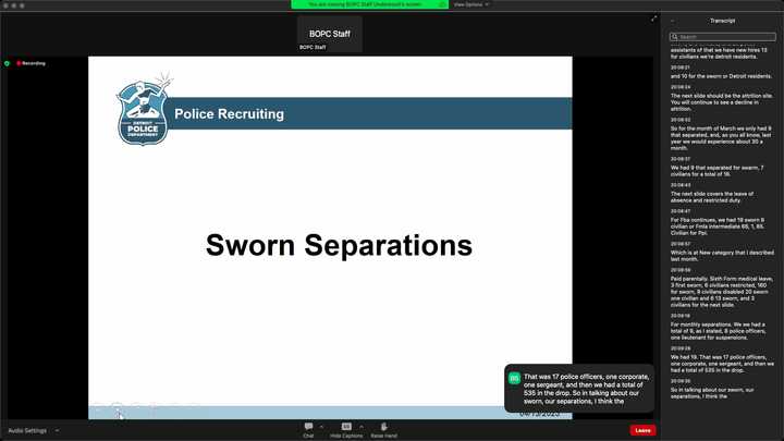 Presentation slide titled “Police Recruiting,” which reads, “Sworn Separations.” 