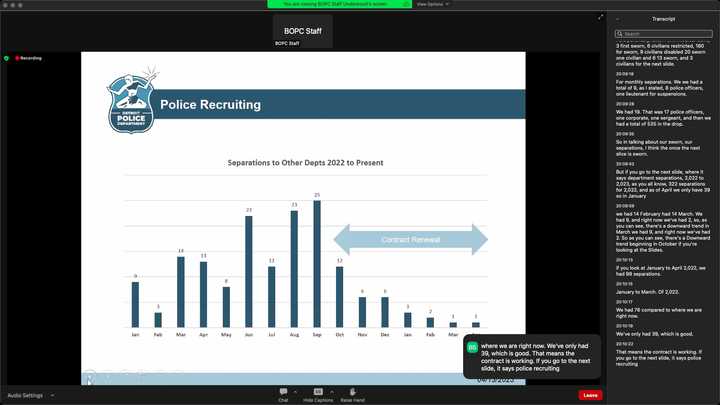Presentation slide titled “Police Recruiting.” A blue bar chart titled “Separations to Other Depts 2022 to Present” has the following data: 9 Jan, 3 Feb, 14 Mar, 13 Apr, 8 May, 22 Jun, 12 Jul, 23 Aug, 25 Sep, 12 Oct, 6 Nov, 6 Dec, 3 Jan, 2 Feb, 1 Mar, 1 Apr. A thick arrow with the text “Contract Renewal” is placed over 12 Oct through 1 Apr. 