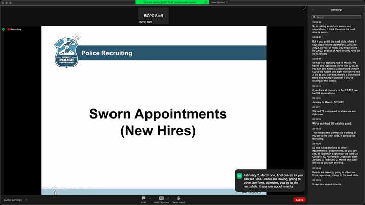 Presentation slide titled “Police Recruiting,” which reads, “Sworn Appointments (New Hires).” 