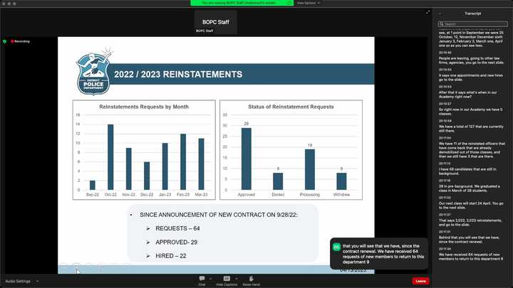 Presentation slide titled “2022 / 2023 Reinstatements.” A blue chart on the left titled “Reinstatements Requests by Month” has the following data: 2 Sep-22, 14 Oct-22, 9 Nov-22, 6 Dec-22, 10 Jan-23, 12 Feb-23, 11 Mar-23. A blue chart on the right titled “Status of Reinstatement Requests” has the following data: 29 Approved, 8 Denied, 19 Processing, 8 Withdrew. The rest of the slide reads, “Since announcement of new contract on 9/28/22: Requests — 64. Approved- 29. Hired — 22.” 