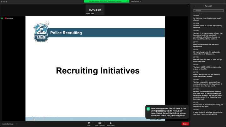 Presentation slide titled “Police Recruiting,” which reads, “Recruiting Initiatives.” 
