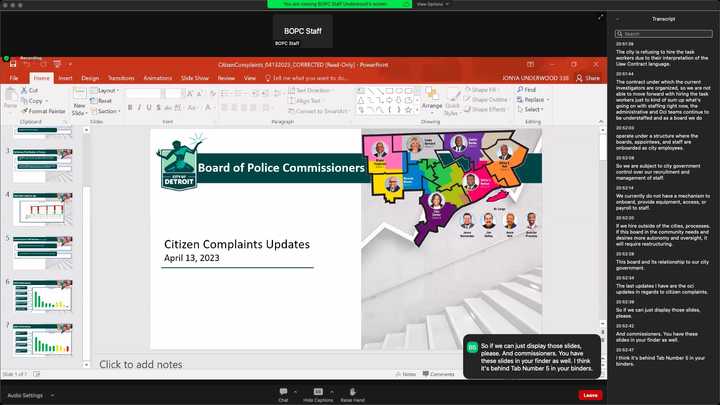 Presentation application showing a presentation slide titled, “Board of Police Commissioners,” which reads, “Citizen Complaints Updates. April 13, 2023.” 