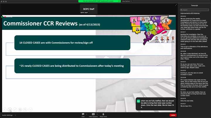 Presentation slide titled, “Commissioner CCR Reviews (as of 4/13/2023),” which reads, “14 Closed Cases are with Commissioners for review/sign off. ~25 newly Closed Cases are being distributed to Commissioners after today’s meeting.” 