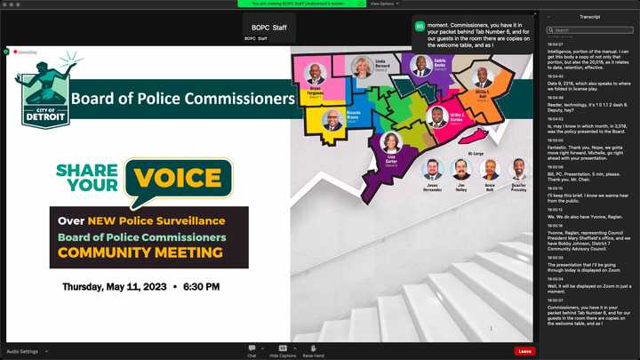 Presentation slide which reads, “City of Detroit. Board of Police Commissioners. Share Your Voice. Over New Police Surveillance Board of Police Commissioners Community Meeting. Thursday, May 11, 2023 • 6:30 PM.” 