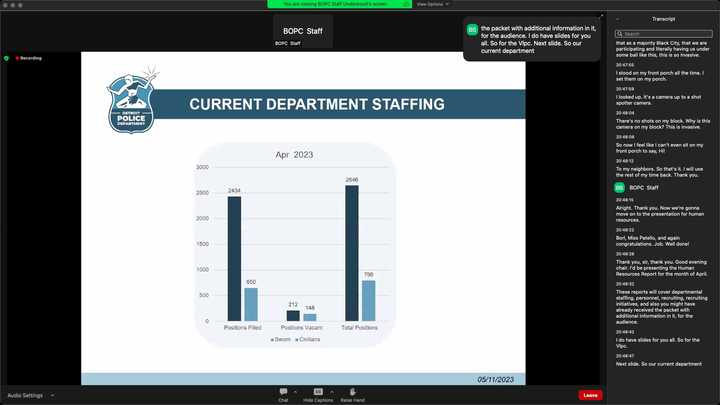 Presentation slide that says, “Detroit Police Department. Current Department Staffing. 05/11/2023.” A blue bar chart titled “Apr 2023” shows the following data: 2434 Sworn Positions Filled, 650 Civilians Positions Filled; 212 Sworn Positions Vacant, 148 Civilians Positions Vacant; 2646 Sworn Total Positions, 798 Civilians Total Positions. 
