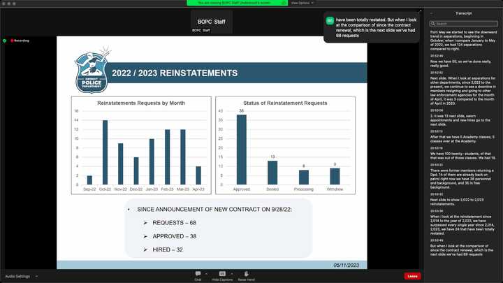 Presentation slide that says, “Detroit Police Department. 2022 / 2023 Reinstatements.” A blue chart on the left titled “Reinstatements Requests by Month” shows the following data: 2 Sep-22, 14 Oct-22, 9 Nov-22, 6 Dec-22, 10 Jan-23, 12 Feb-23, 12 Mar-23, 4 Apr-23. A blue chart on the right titled “Status of Reinstatement Requests” shows the following data: 38 Approved, 13 Denied, 8 Processing, 9 Withdrew. The rest of the slide says, “Since announcement of new contract on 9/28/22: Requests — 68. Approved - 38. Hired — 32.” 